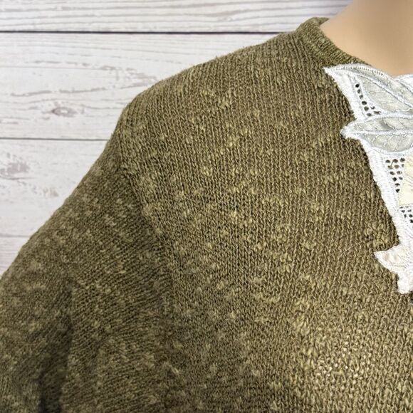 Vintage Grandmacore 80s Sweater JP Collections Medium Green White Embroidery - Picture 4 of 11